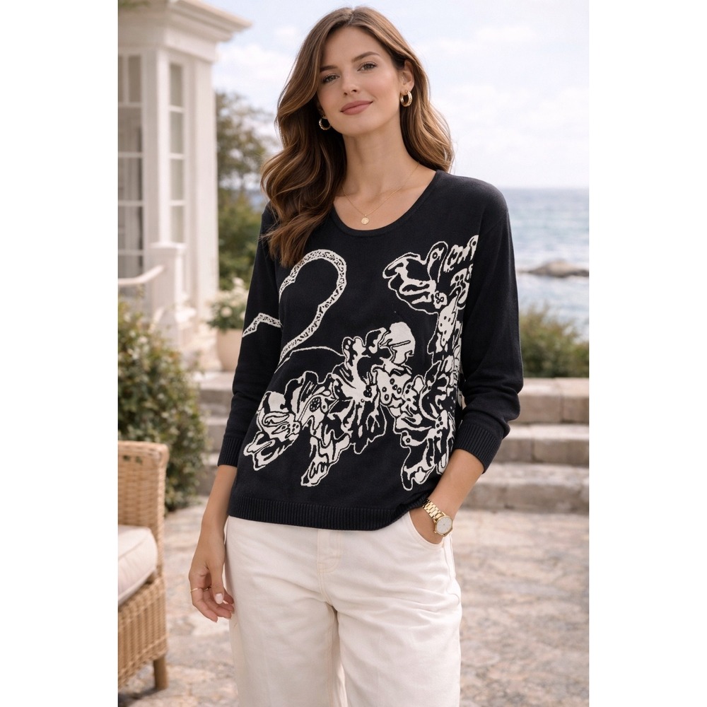 St John Sport Women Black White Floral Rayon Wool Knit Scoop Neck Sweater Size S